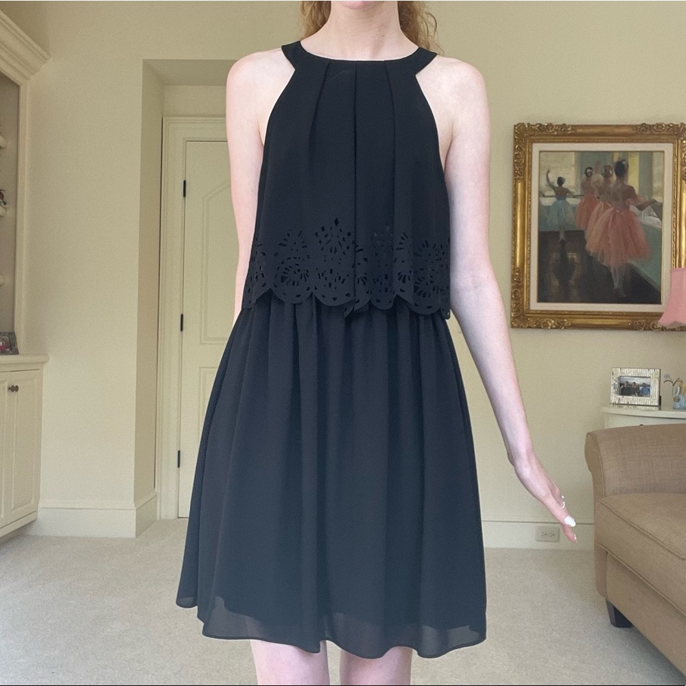 She + Sky Black Silk Fit and Flare Laser Cut Sleeveless Dress